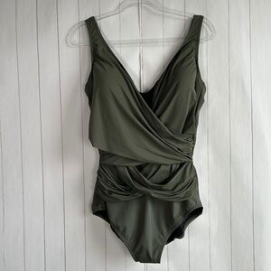Land's End plus size 18W SlenderSuit wrap one piece swimsuit olive green shaping